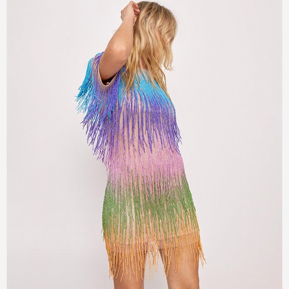 NWT Nasty Gal Rainbow Tassel Fringe Shift Dress - Picture 2 of 16